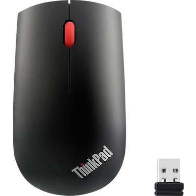 Bezdrôtová myš Black ThinkPad s červeným rolovacie kolieskom a USB prijímačom na bielom pozadí
