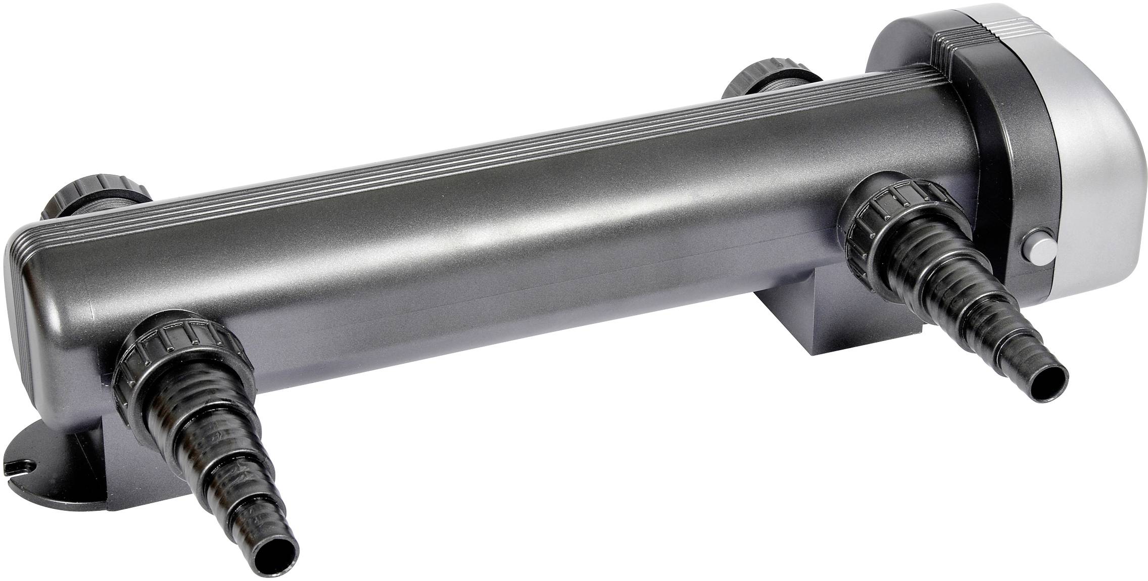 Elektrický chladič alebo výmenník tepla s viacerými prípojkami. Vyrobený z kovovo lesklého materiálu.