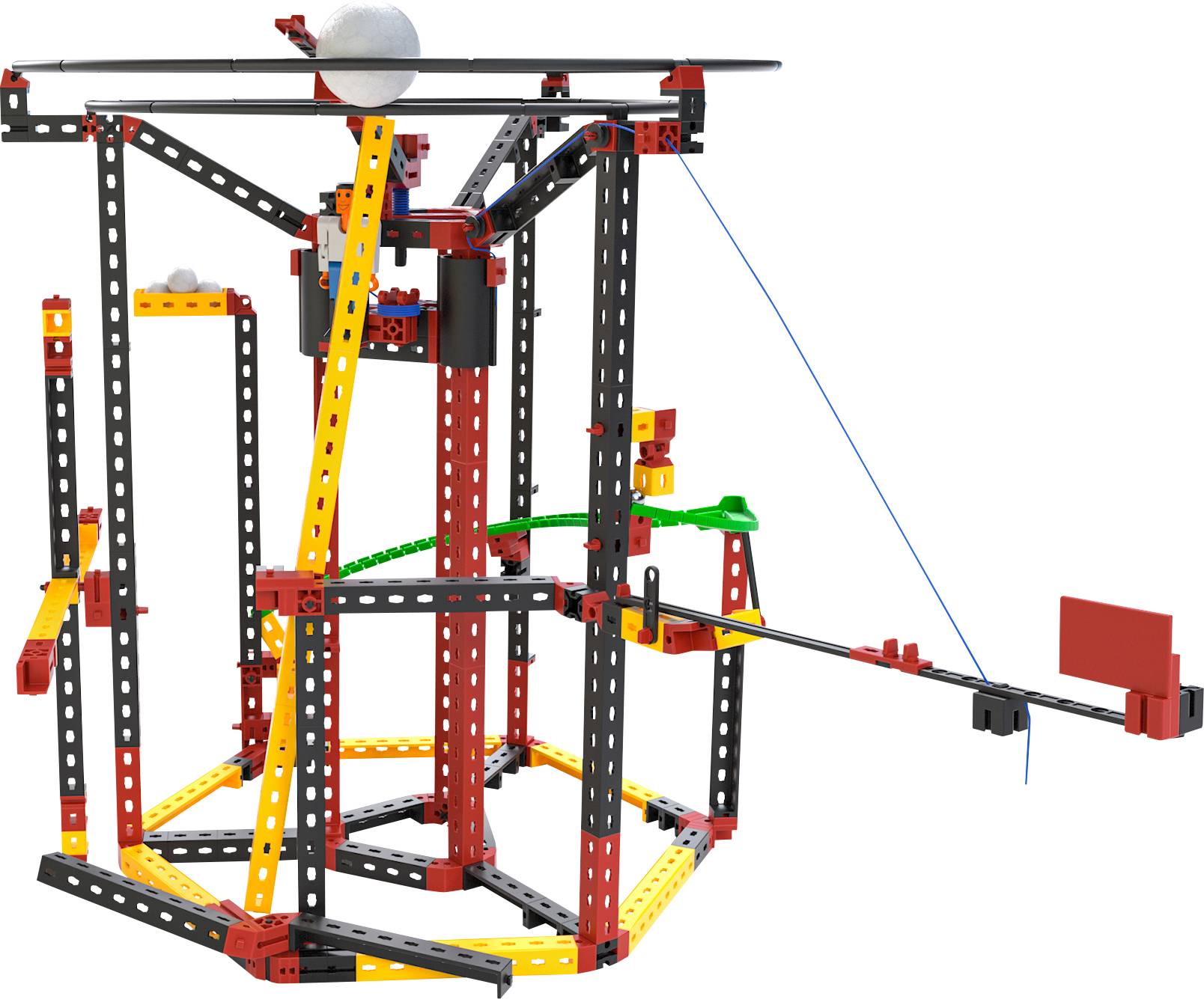 Guľôčková dráha z farebných súčiastok: Guľôčka sa kotúľa rôznymi úrovňami a konštrukciami. Hlavné farby sú červená, žltá a čierna.
