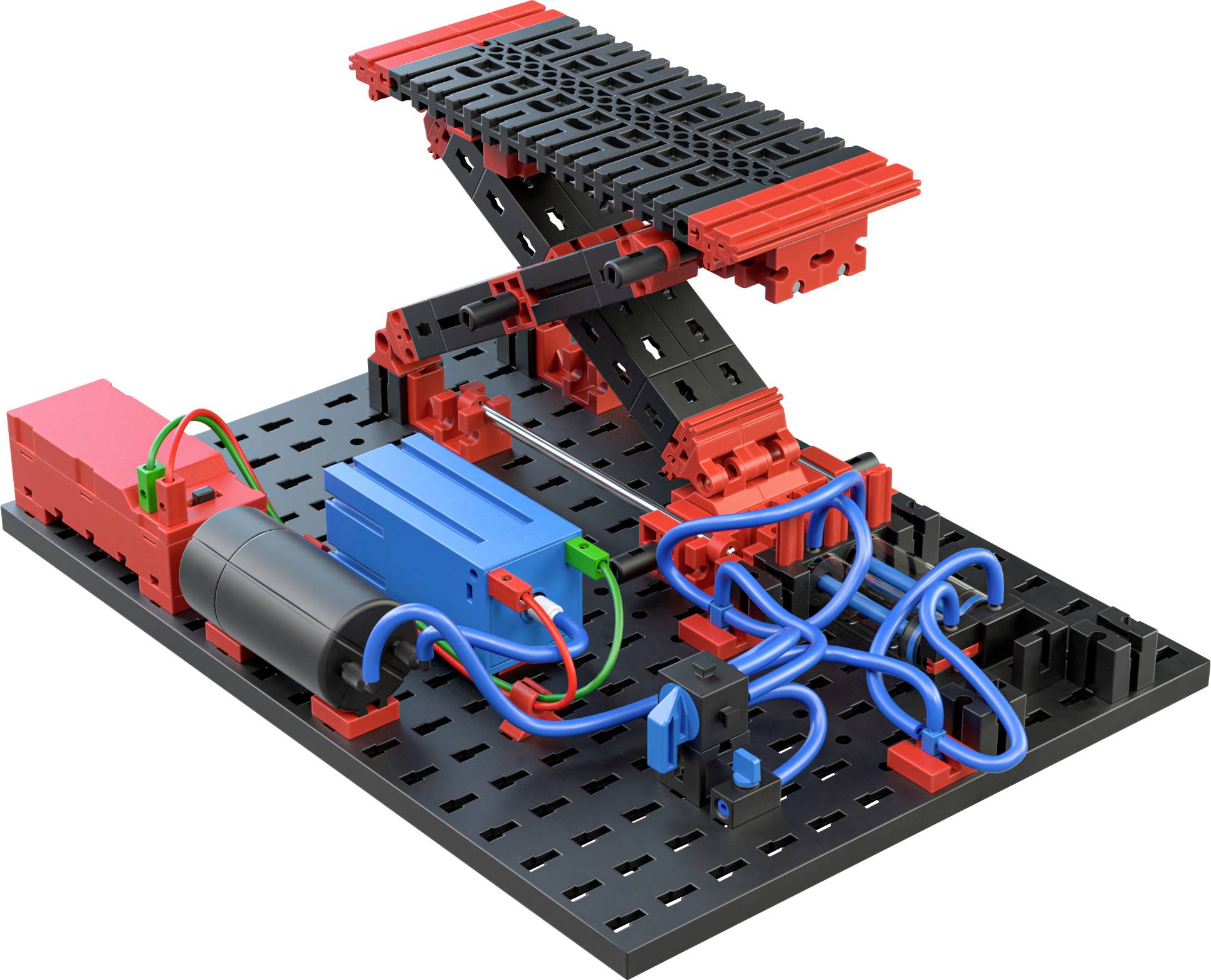 Model hydraulického zdvíhacieho mechanizmu zo stavebných dielcov, s dvíhacou plošinou, hydraulickými valcami a potrubím na čiernej základnej doske.
