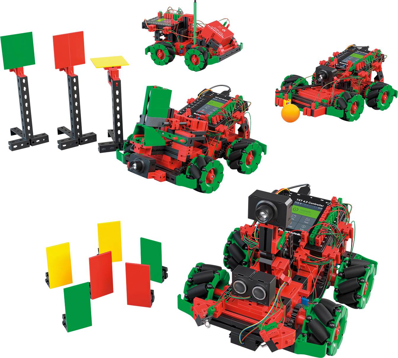 Robotické vozidlá z červených a zelených stavebných prvkov. Nástroje a príslušenstvo pre konštrukciu robotov sú taktiež zobrazené.