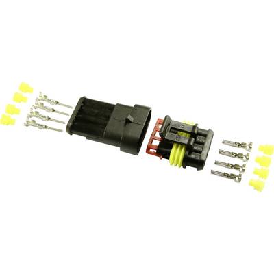 Rozložený elektrický konektor s krytmi, kontaktmi a tesneniami. Znázorňuje jednotlivé komponenty a ich usporiadanie.
