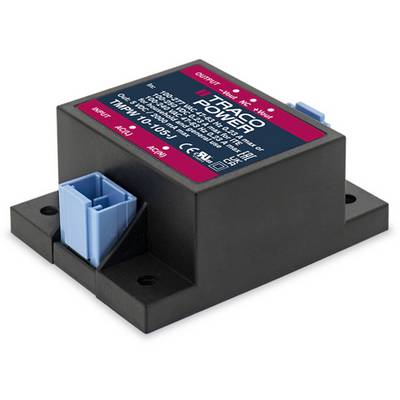 Obdĺžniková, čierna elektronická súčiastka s modrými a červenými značkami. Hore je viditeľný modrý konektor.