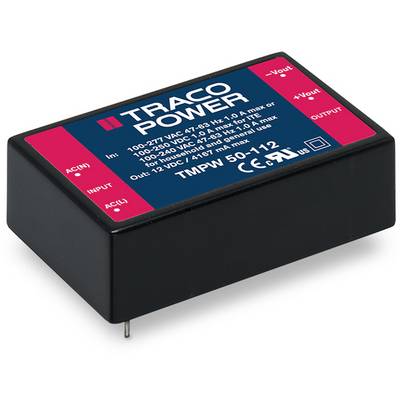 Napájací zdroj 'TRACO POWER' s vstupnými a výstupnými konektormi, technické špecifikácie napätia a prúdu uvedené na štítku.