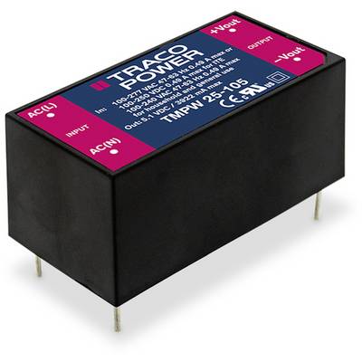 Menič napätia 'Traco Power' v pravouhlom čiernom puzdre s popisným štítkom, ktorý zobrazuje vstupné a výstupné parametre.