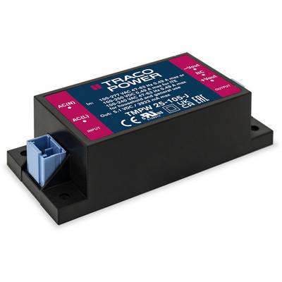 Modul napájania TRACO POWER s údajmi o vstupnom napätí 100-240 VAC, výstupom 24 VDC a výkonom 25 W, namontovaný na čiernej základni.