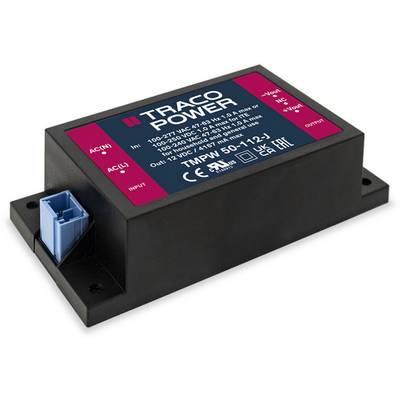 Elektronický napájací zdroj od Traco Power s modrým pripojovacím konektorom, červenou etiketou s technickými špecifikáciami na čiernom kryte.