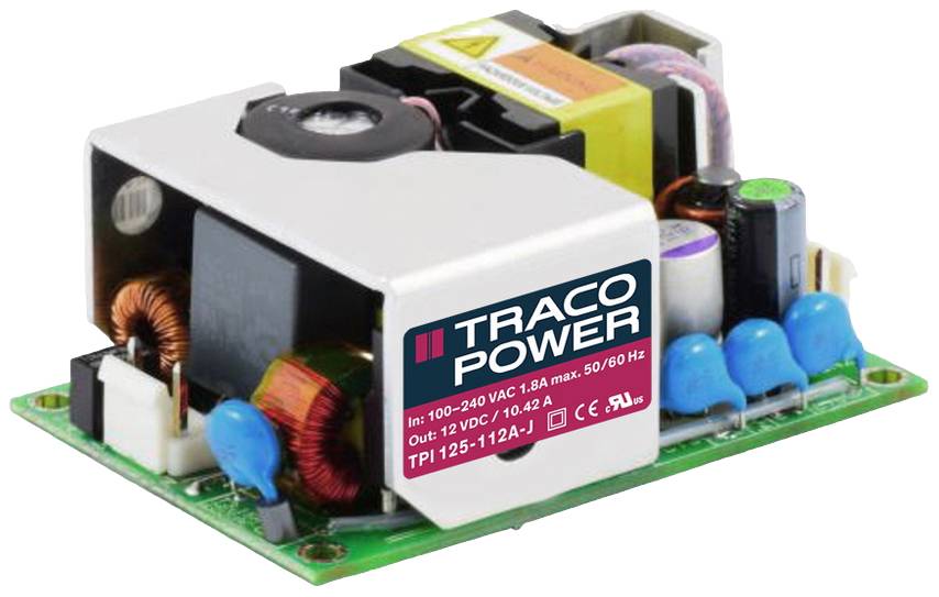 Malý, otvorený spínaný napájací zdroj s logom Traco Power. Poskytuje 12 V jednosmerného napätia, 10 A výkonu pri vstupnom napätí 100-240 V striedavého prúdu.