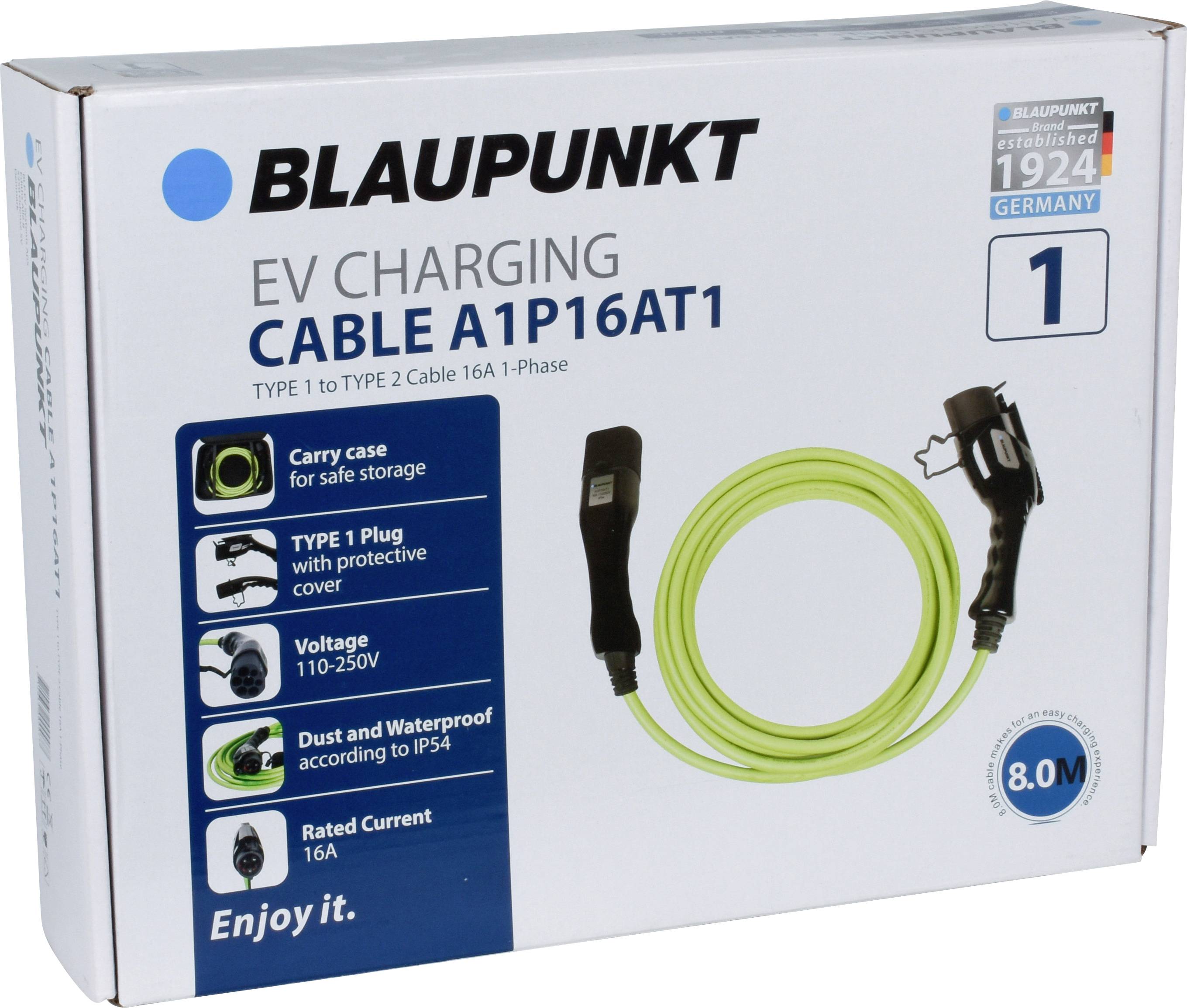 Táto krabica obsahuje nabíjací kábel pre elektromobil A1P16AT1 od Blaupunktu. Je to kábel z konektora Typ 1 na Typ 2, 16A, 1-fázový, dĺžky 8 metrov.
