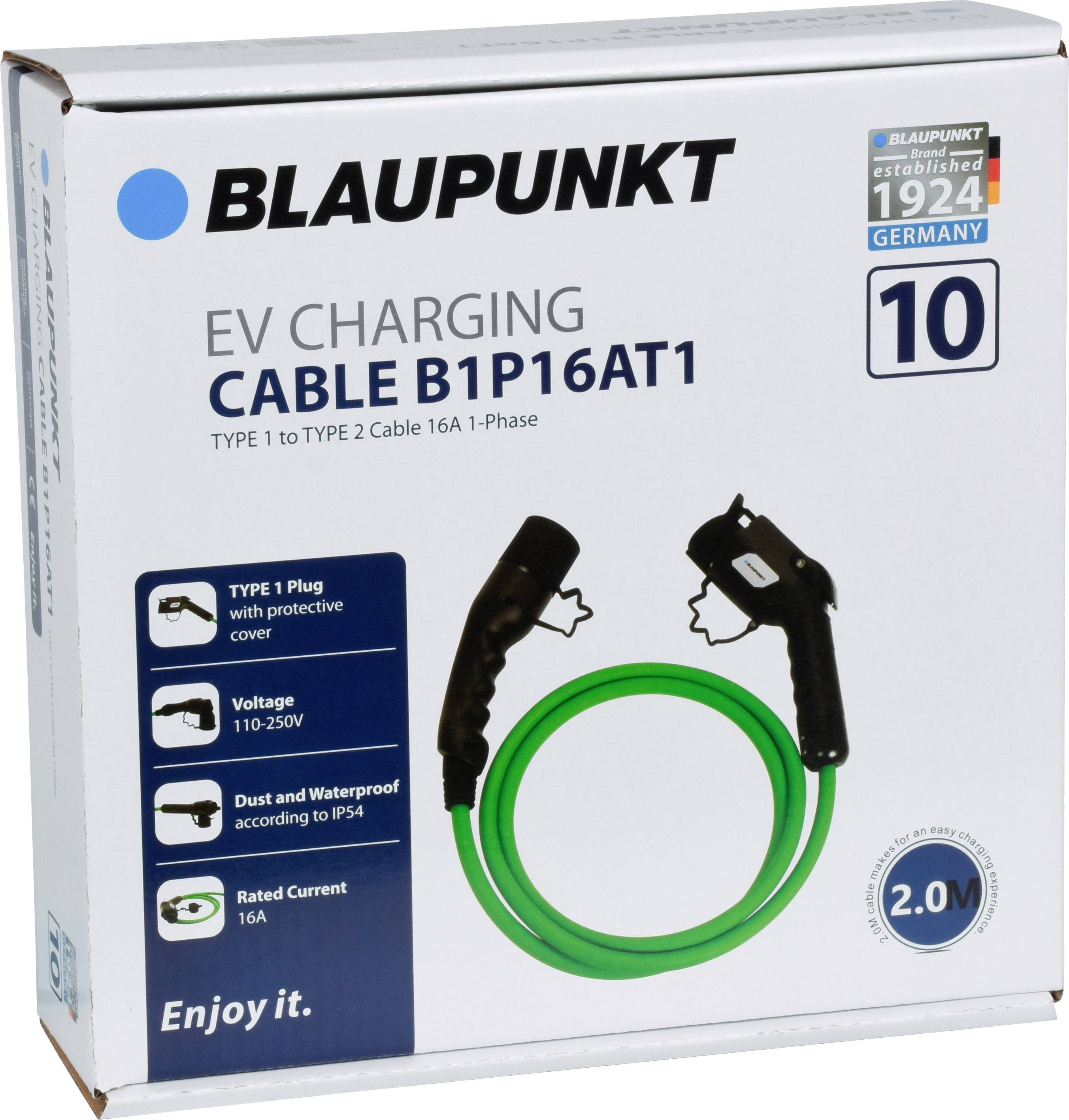 Balenie nabíjacieho kábla 'BLAUPUNKT' z Typu 1 na Typ 2, 16A, 1-fázový, pre elektrické vozidlá. Hlavné parametre: dĺžka kábla 10 m, stupeň krytia IP54.