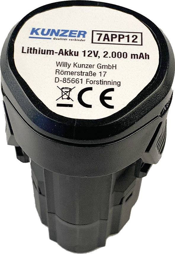 Lítiovo-iónová batéria 12V, 2000 mAh od spoločnosti Willy Kunzer GmbH, s CE značením, v čiernej farbe.