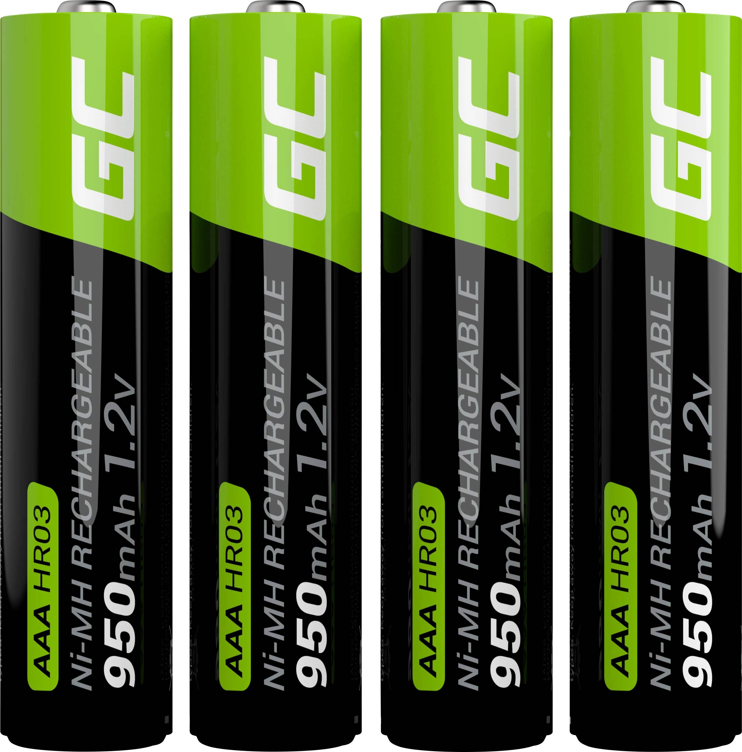 Štyri nabíjateľné AAA batérie, typ Ni-MH, 950mAh, 1,2V, v zelenej a čiernej obale.
