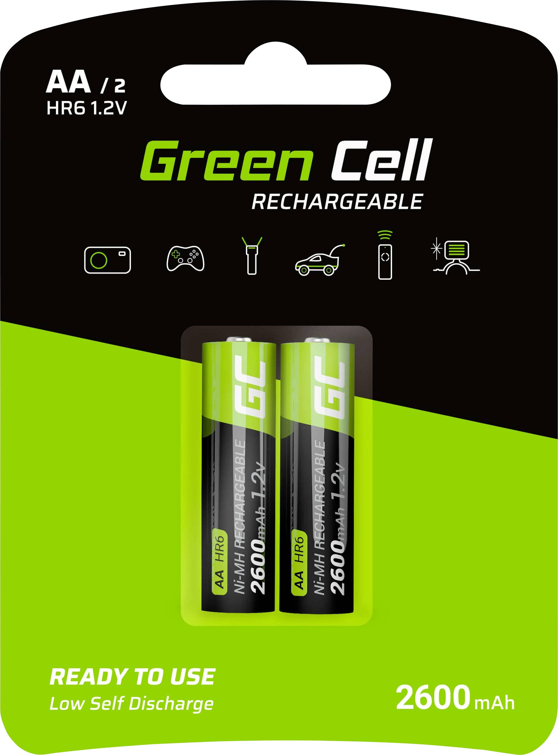 'Green Cell' akumulátory, AA/2, 2600 mAh, nabíjateľné, na kartónovom obale so symbolmi kompatibility s rôznymi zariadeniami.