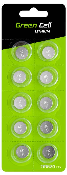Desať gombíkových lítiových batérií značky 'Green Cell', model CR1620, 3V, v zelenej škatuľke s priehľadným blistrom.