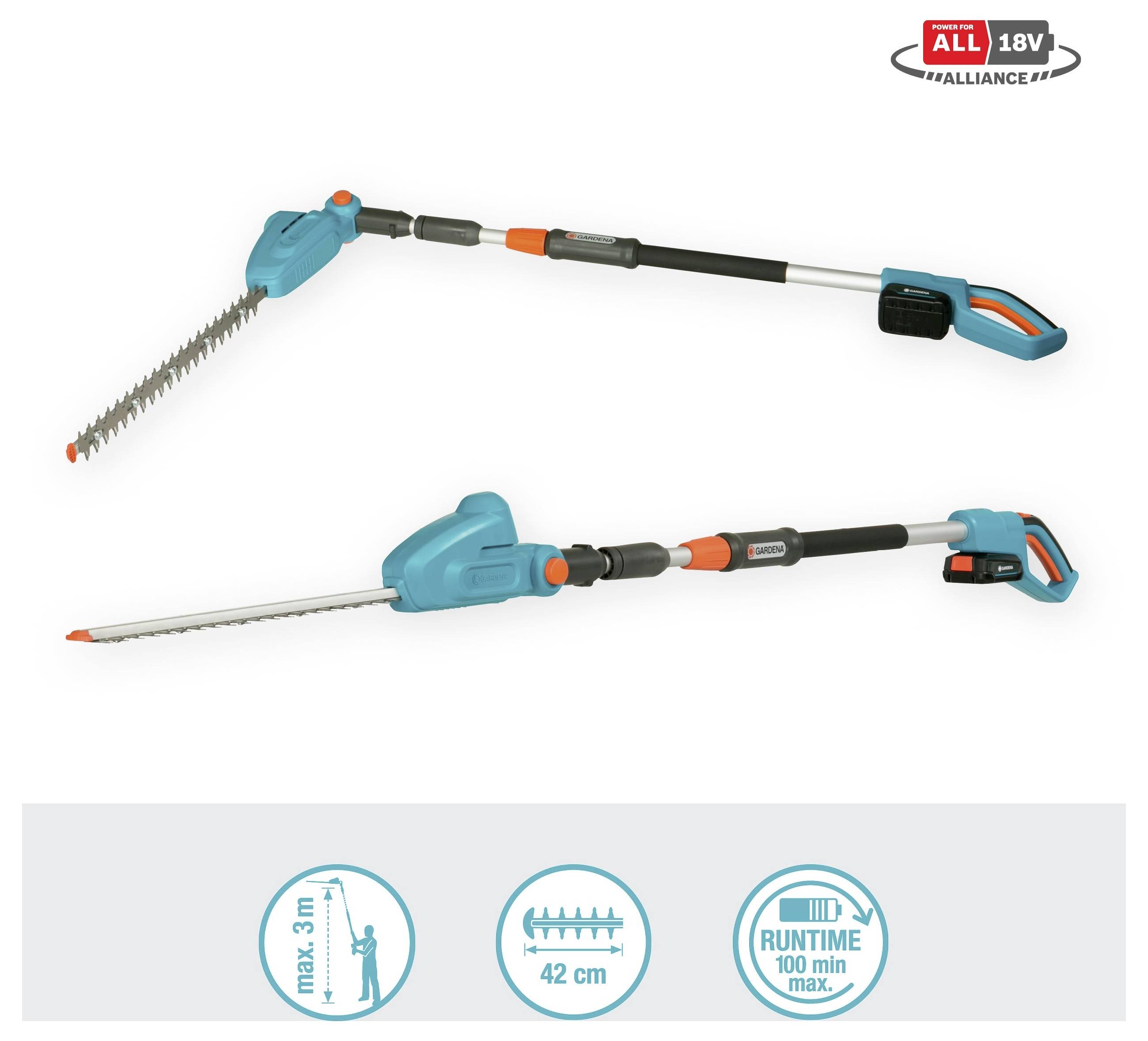 Obrázok svetlomodrého a čierneho teleskopického strihača živého plotu, ktorý zdôrazňuje 42 cm čepeľ, 3 m predĺženie a runtime 100 minút.