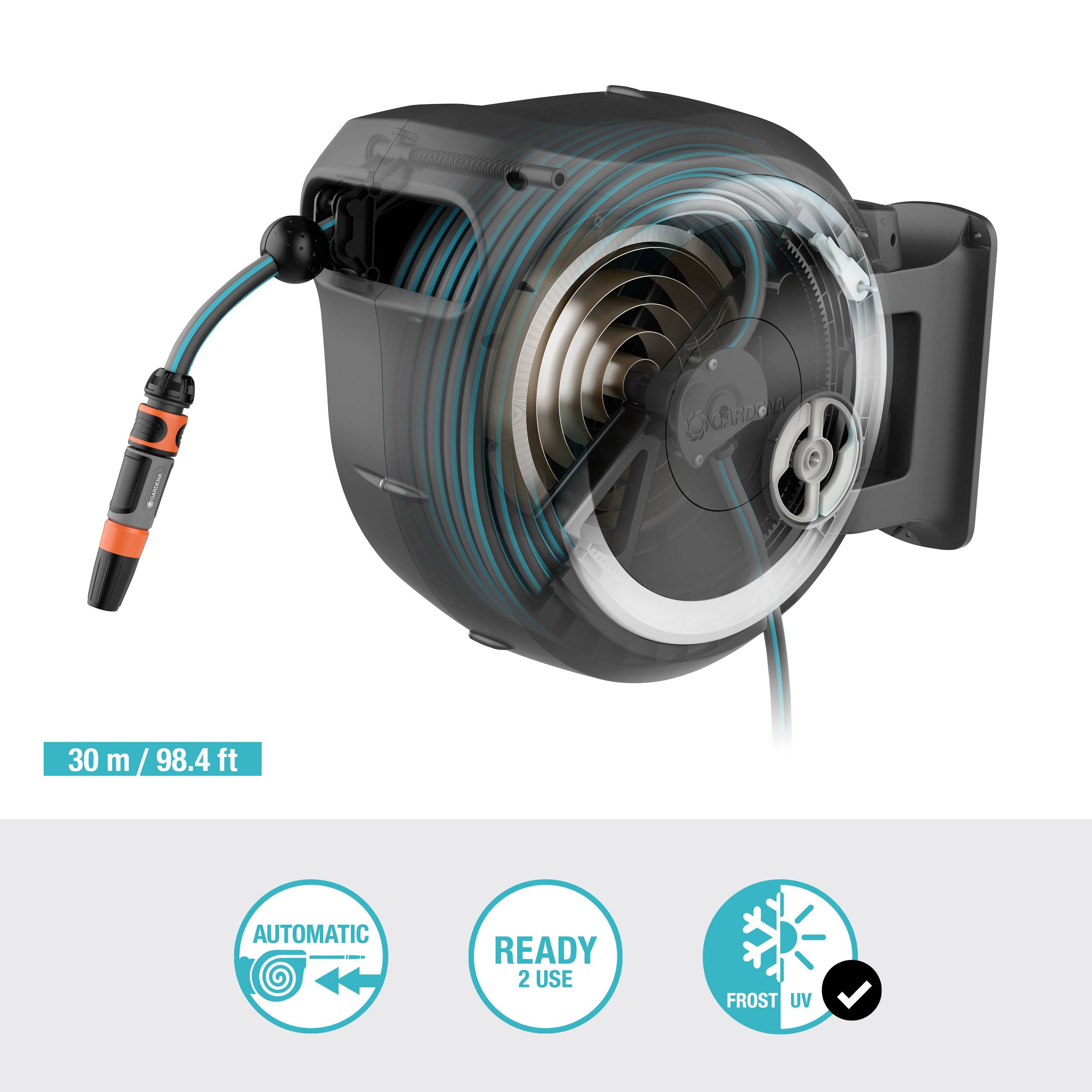 Automatický záhradný navíjač hadice s dosahovým rádiom 30 m (98,4 ft), vrátane protimrazovej a UV ochrany.