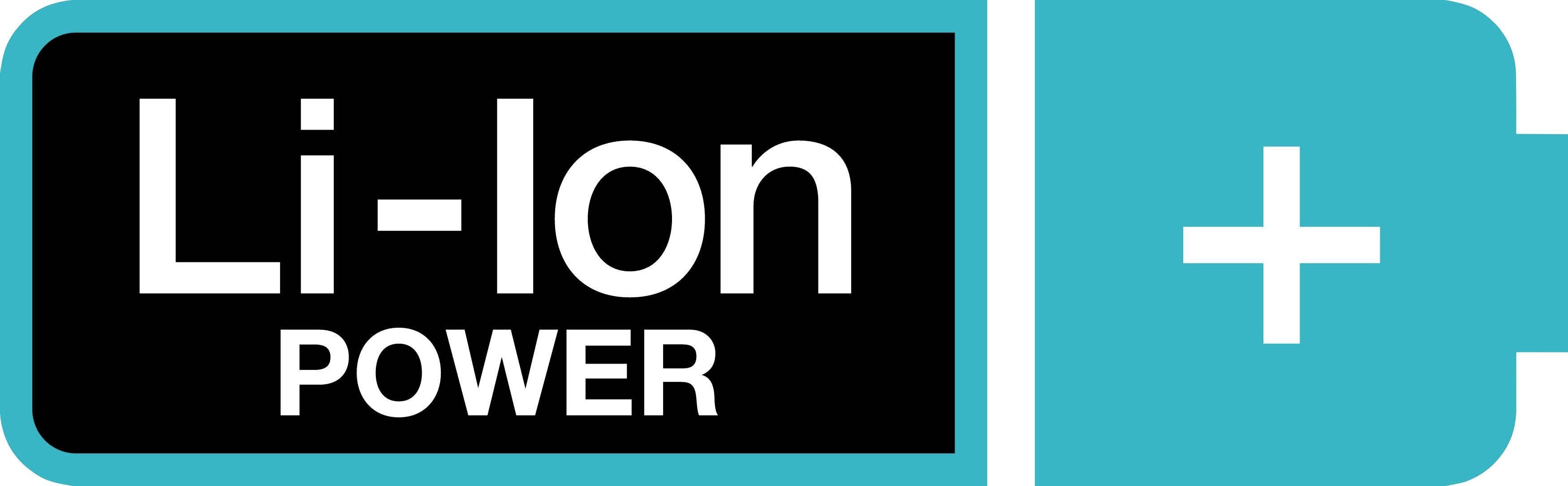 Symbol s textom 'Li-Ion Power' na čiernom pozadí, vedľa znamienka plus v tyrkysovom symbole batérie.