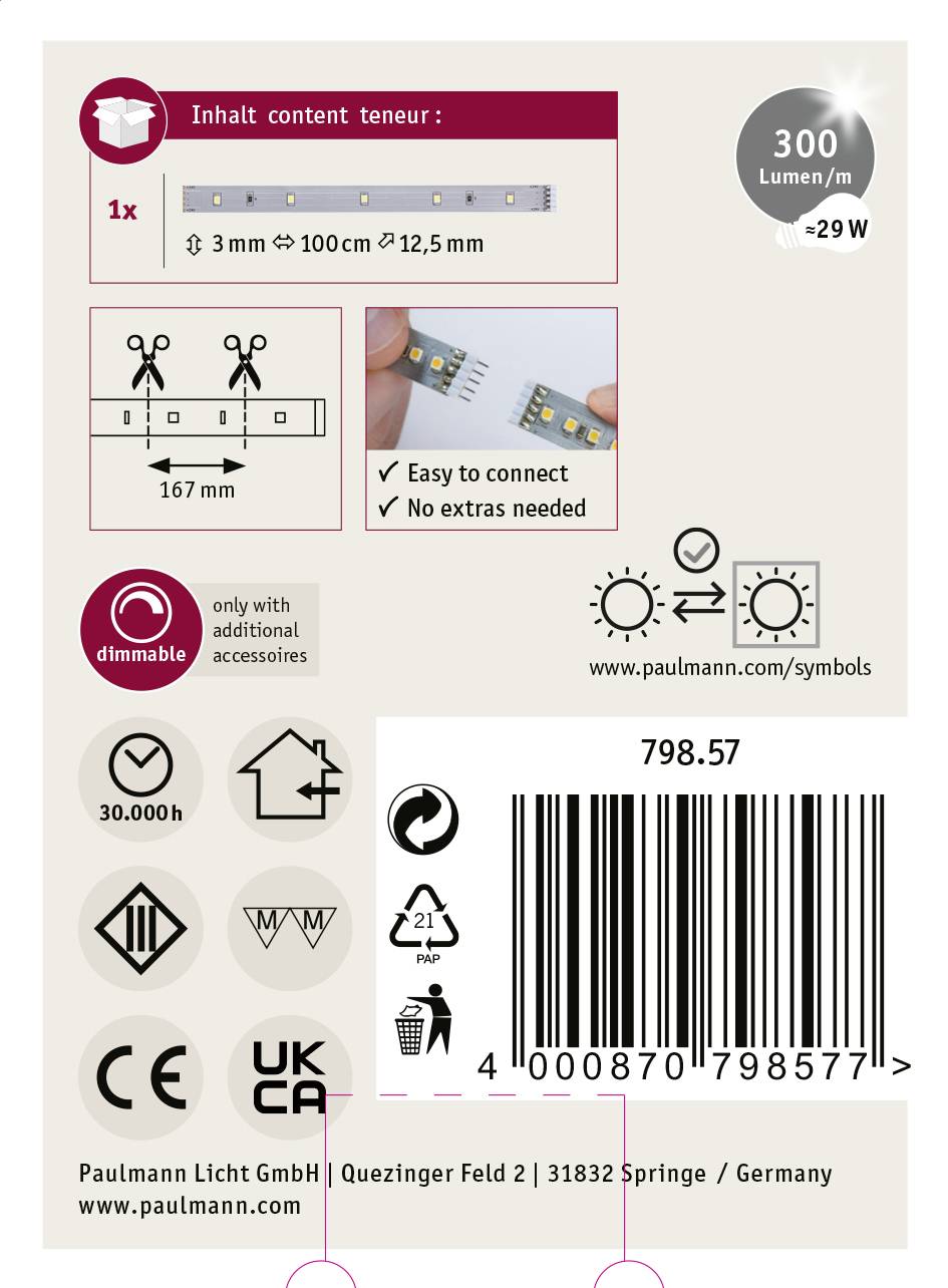 'LED pás, 3 m, 300 lúmenov/m, 9 W, stmievateľný, jednoduché prepojenie, žiadne ďalšie príslušenstvo nepotrebné. Životnosť 30.000 hodín. Katalógové číslo 798.57.'