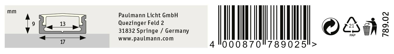 Etiketa s rozmermi svetelného prvku: šírka 13 mm, dĺžka 17 mm. Výrobca: Paulmann Licht GmbH, adresa: Springe, Nemecko. Čiarový kód vpravo.