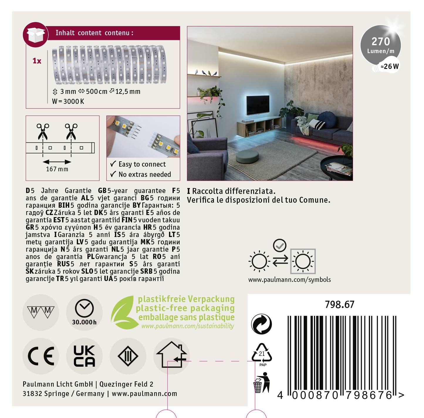 Obrázok zobrazuje balenie LED pásového svetla s rozmermi 3m x 12,5mm. Je stmievateľné, s teplotou chromatickosti 3000K, svetelným tokom 270 lúmenov a príkonom 26W. Obsahuje symboly energetických úspor.