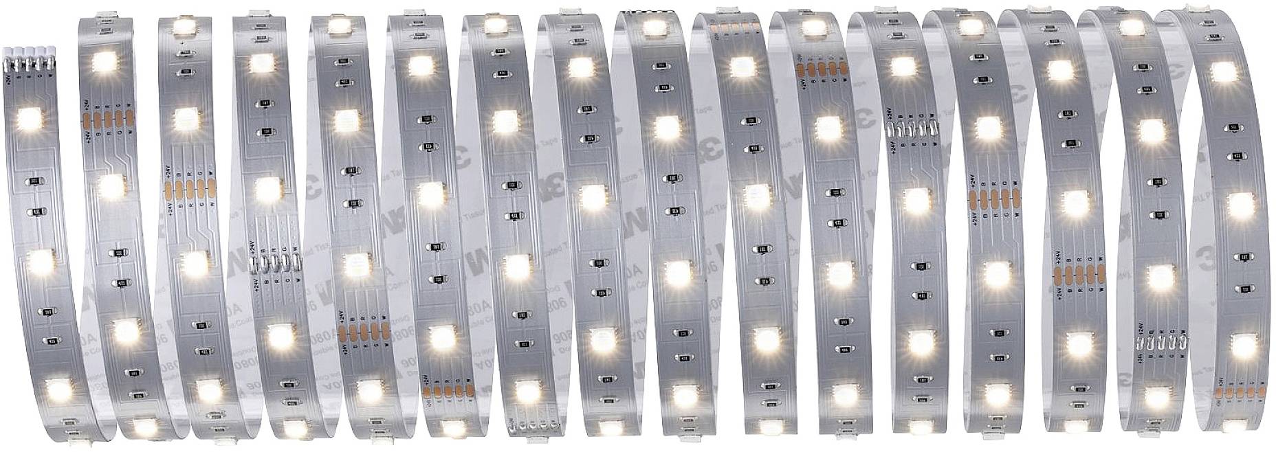 Strieborné LED svetelné pásy stočené do valcovitého usporiadania, rovnomerne osvetlené, pre flexibilné svetelné riešenia.