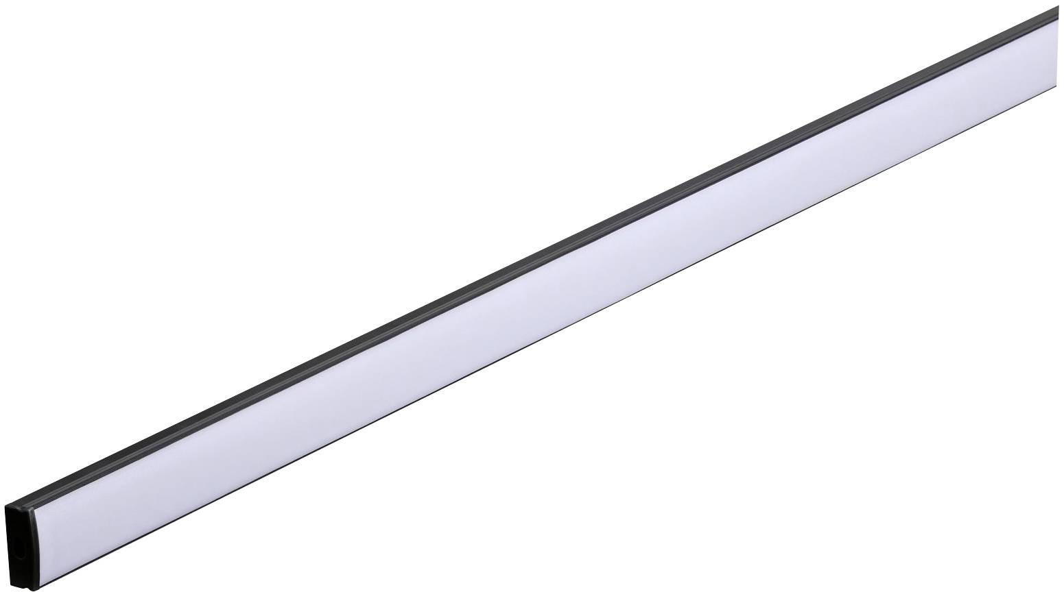 Dlhý, úzky LED svetelný pás s čiernym rámom a bielou svetelnou plochou. Vhodný na osvetľovacie účely.