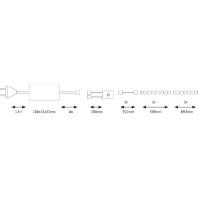 Diagram znázorňuje dĺžku kábla: 1,5 m (zástrčka), 126 × 53 × 21 mm (adaptér), 1 m, 100 mm, 2× 500 mm, 3× 89,5 mm (LED pásy).