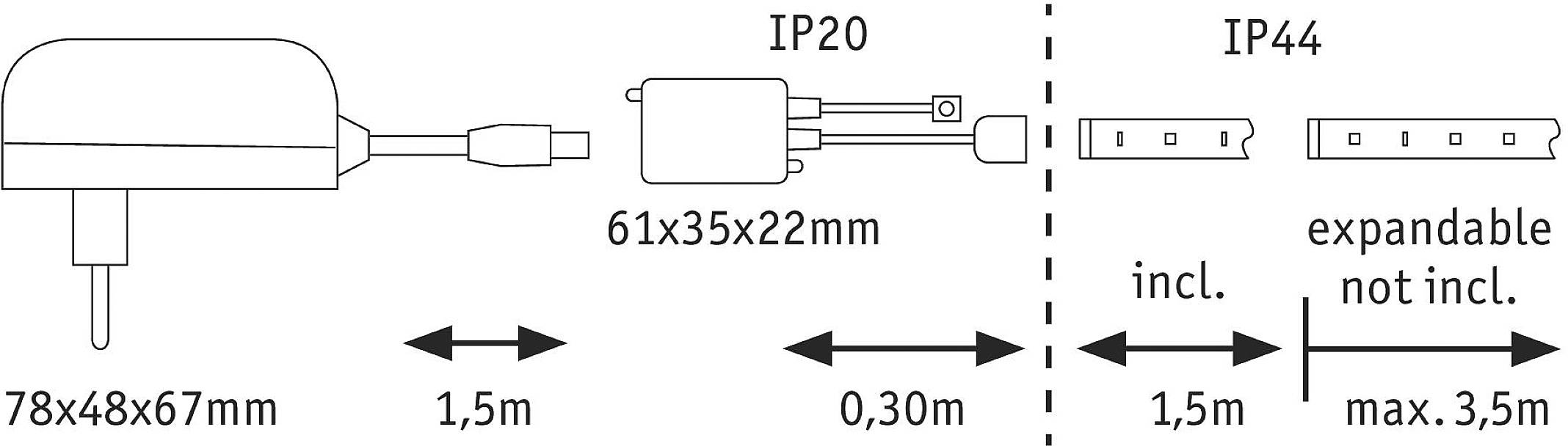 Schéma zapojenia elektrických zariadení: IP20 zástrčka, 61x35x22 mm, kábel 0,30 m; ku zariadeniu IP44, rozšíriteľné na max. 3,5 m, 78x48x67 mm.