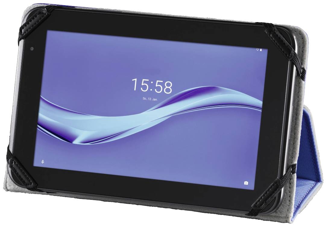 Tablet počítač zobrazuje čas 15:58 na modrom pozadí obrazovky.