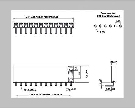 'Diagram konektora s rozmermi: rozstup pinov 2,54 mm, výška 6,35 mm. Navrhované PCB rozloženie otvorov s horizontálnym a vertikálnym rozmerom.'