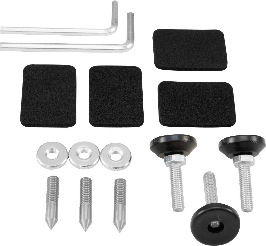 Čierno-strieborná montážna sada so skrutkami, podložkami, imbusovými kľúčmi a gumenými podložkami, vhodná na upevnenie zariadení.
