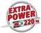 'EXTRA-POWER' červenými písmenami, vedľa kartušová pištoľ s nápisom '220 kg' na sivom kruhu.