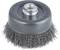 Guľatá drôtená kefa s kovovými štetinami a centrálnym skrutkovým pripojením na čistenie alebo odstraňovanie hrdze z povrchov.
