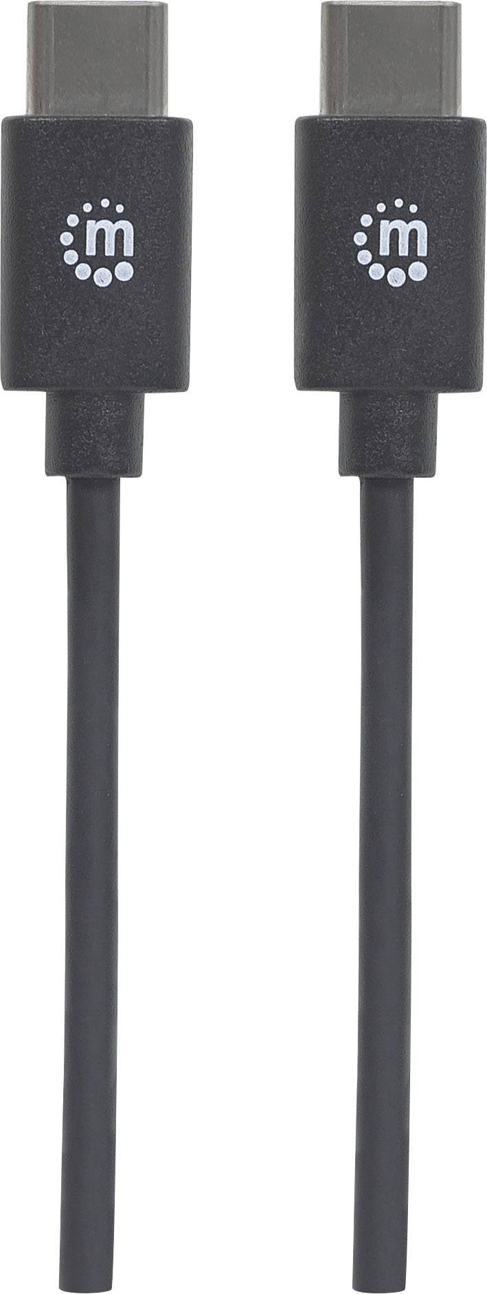 Dva čierne USB-C káble so striebornými koncovkami a logom, ktoré vyzerá ako malé 'm' s bodkami.