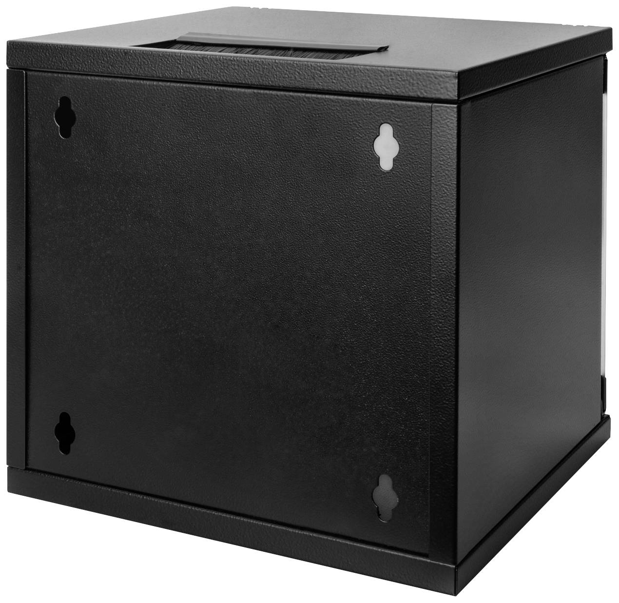 Čierny, kockovitý kovový box s otvorom na vrchu a montážnymi otvormi na boku.