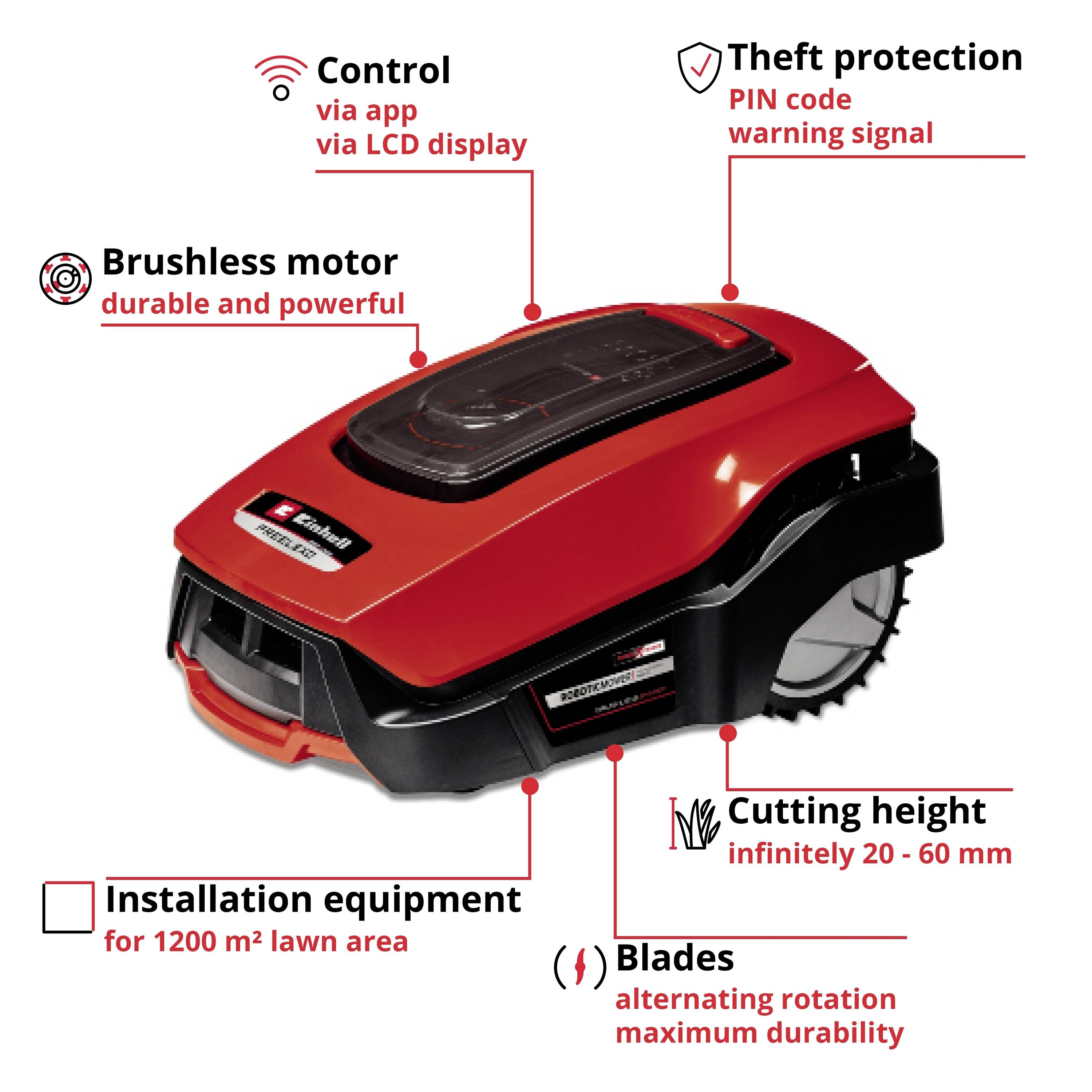 Červený robotický kosačkový traktor s bezkartáčovým motorom, s ochranou proti krádeži pomocou PIN kódu, s nastaviteľnou výškou kosenia, ovládateľný cez mobilnú aplikáciu alebo displej.