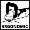 Štylizovaný nákres ergonomického ručného nástroja s rukoväťou. Pod ním je veľkými písmenami napísané: 'ERGONOMIC'.