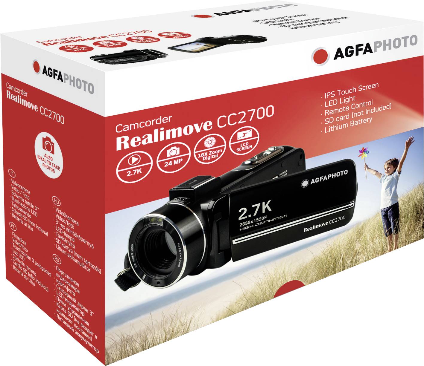 Kamera "AgfaPhoto Camcorder Realimove CC2700", čierna, 2,7K video, 24 MP fotografie, 3-palcový dotykový displej, LED svetlo, lítiový akumulátor.