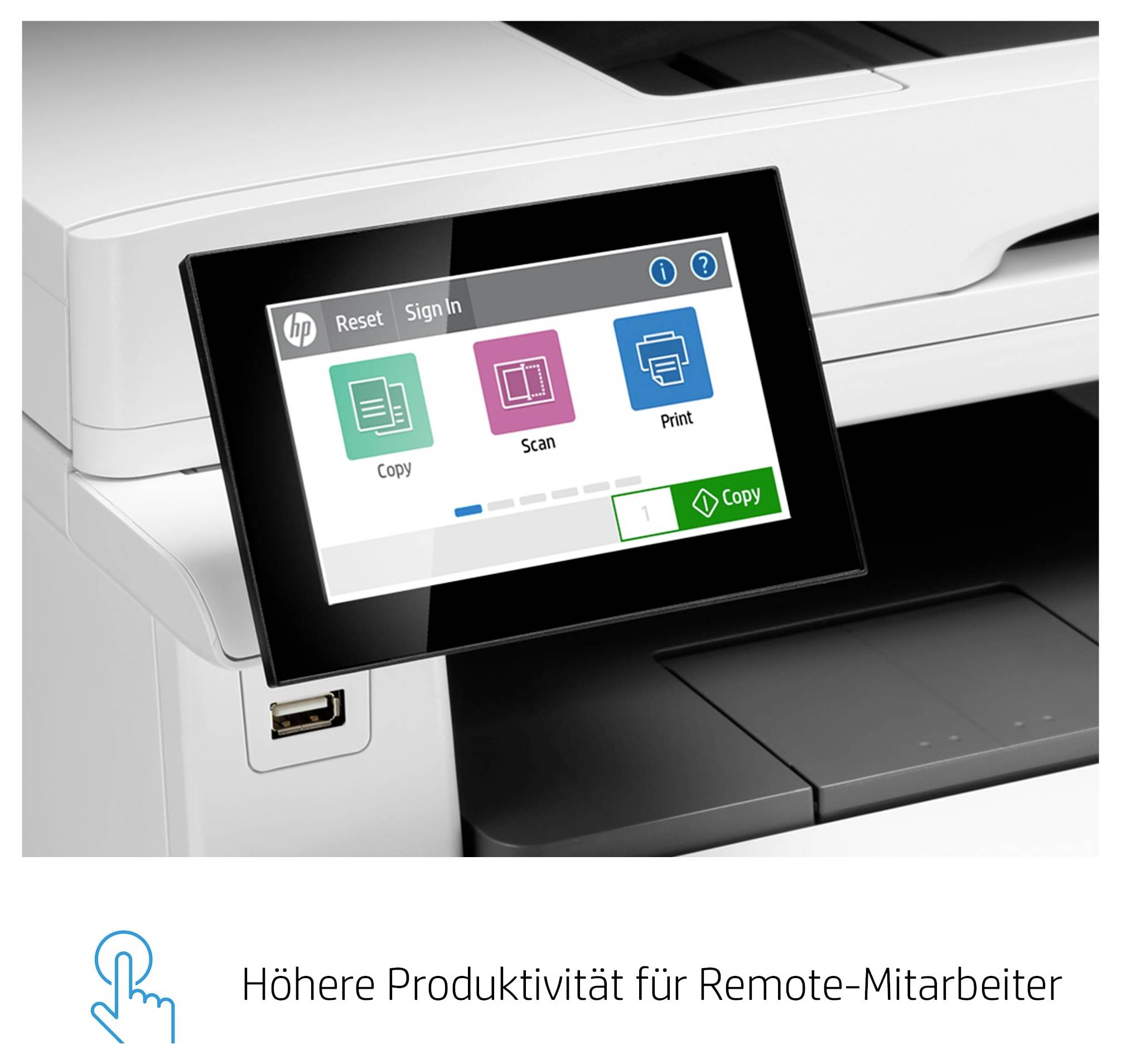 Multifunkčná tlačiareň HP s dotykovou obrazovkou zobrazujúcou možnosti Kopírovanie, Skenovanie a Tlač s nemeckým titulkom o vyššej produktivite pre dištančne pracujúcich zamestnancov.