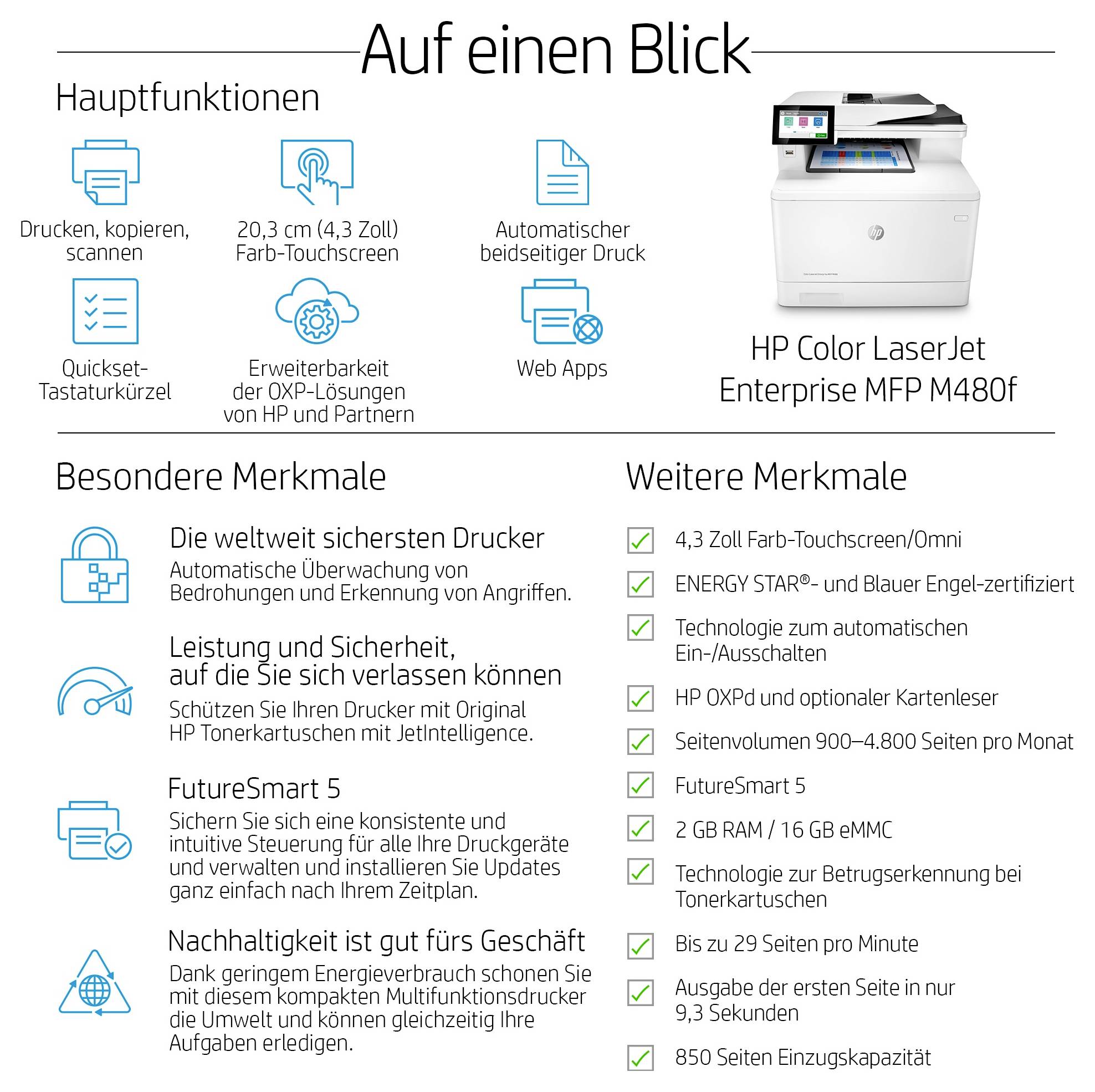 Infografika pre HP Color LaserJet Enterprise MFP M480f s hlavnými funkciami a špecifikáciami: tlač, kopírovanie, skenovanie, 4,3-palcový farebný dotykový displej, obojstranná tlač, webové aplikácie, bezpečnosť a detaily kapacity.