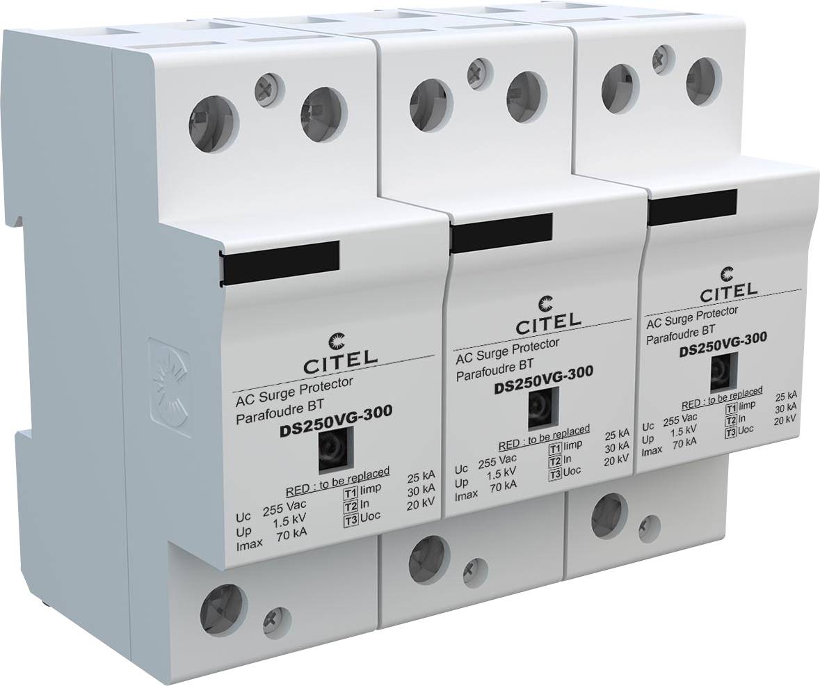 Trojpólová ochrana proti prepätiu od CITEL, model DS250VG-300, pre AC aplikácie. Chráni elektrické systémy pred napäťovými špičkami.