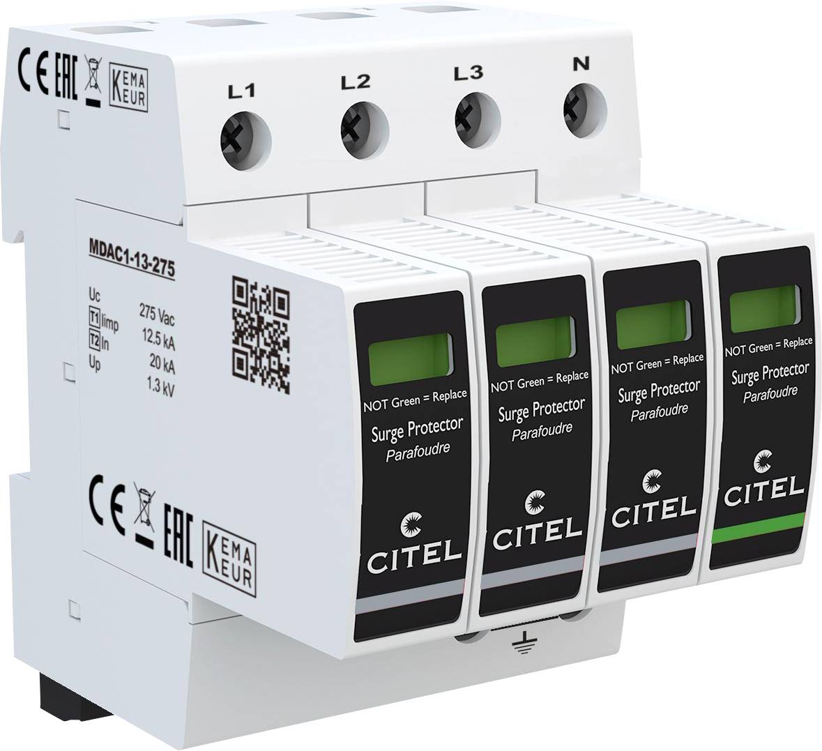 Zariadenie na ochranu proti prepätiu pre elektrické systémy so štyrmi konektormi, označenými 'L1', 'L2', 'L3', 'N'. Značenie: 'CITEL', typ 'MDAC1-13-275', vrátane QR kódu.