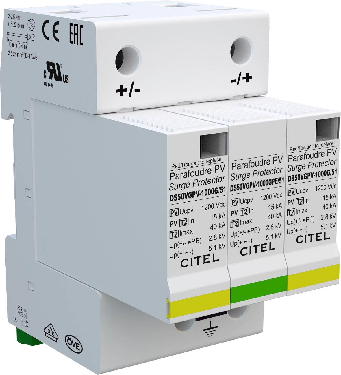 Trojpólový prepäťový ochranný prvok so značkou Citel. Označenie udáva 'Parafoudre PV Surge Protector DS50VGPV-1000G51'.