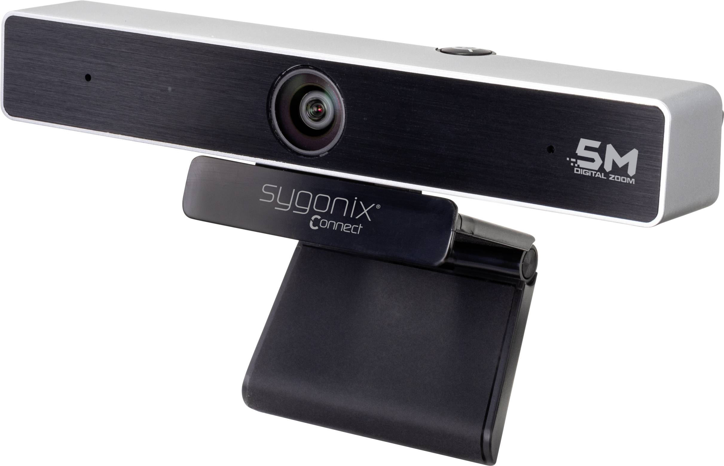 Čierna webová kamera značky Sygonix s 5M digitálnym zoomom a klipovou sponou, vhodná pre počítačové monitory.