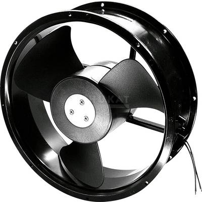 Čierny axiálny ventilátor so štyrmi krídlami, namontovaný v kruhovom kryte. Káble vyčnievajú z boku.