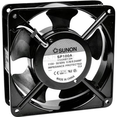 Čierny ventilátor so štyrmi listami a nálepkou s nápisom 'SUNON SP100A 115V 50/60Hz'.