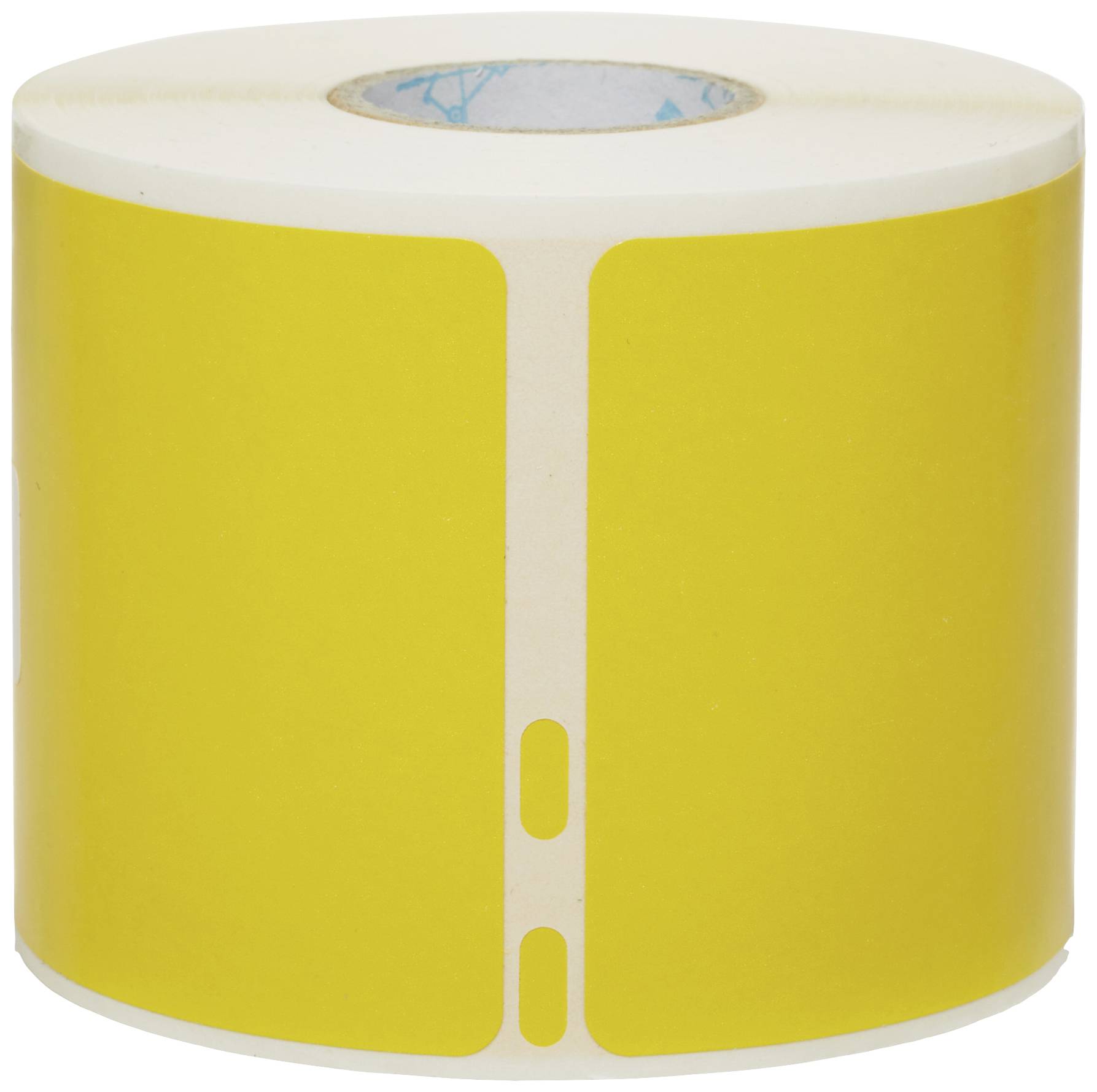 Žltá rolka etikiet s obdĺžnikovými samolepiacimi etiketami, vhodná pre tlačiarenské aplikácie. Etikety majú zaoblené rohy.