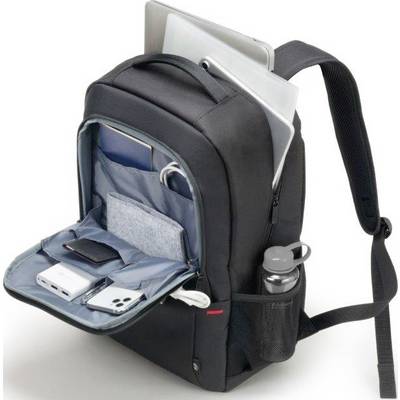 Sivý batoh, otvorený, ukazuje niekoľko priehradiek s laptopom, tabletmi, fľašou na vodu a elektronickým príslušenstvom.