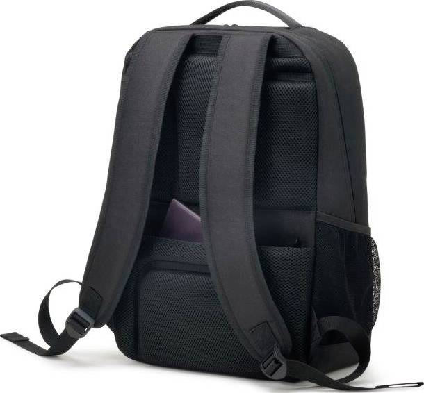 Čierny ruksak s nastaviteľnými popruhmi a malým priestorom určeným na notebook alebo tablet.