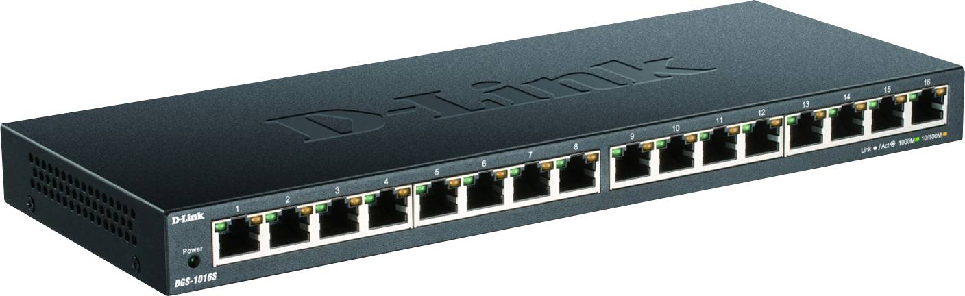 Čierny 16-portový ethernetový switch značky D-Link s LED indikátormi na prednej strane pre sieťové pripojenia.